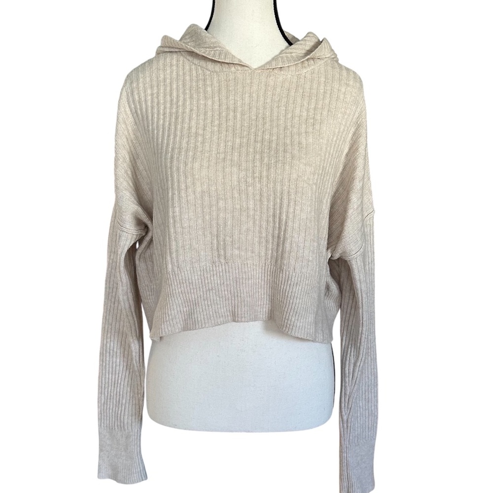 Aerie OFFLINE Oatmeal Cream Ribbed Knit Cropped Hoodie‎ Sweater M - Alpaca Blend